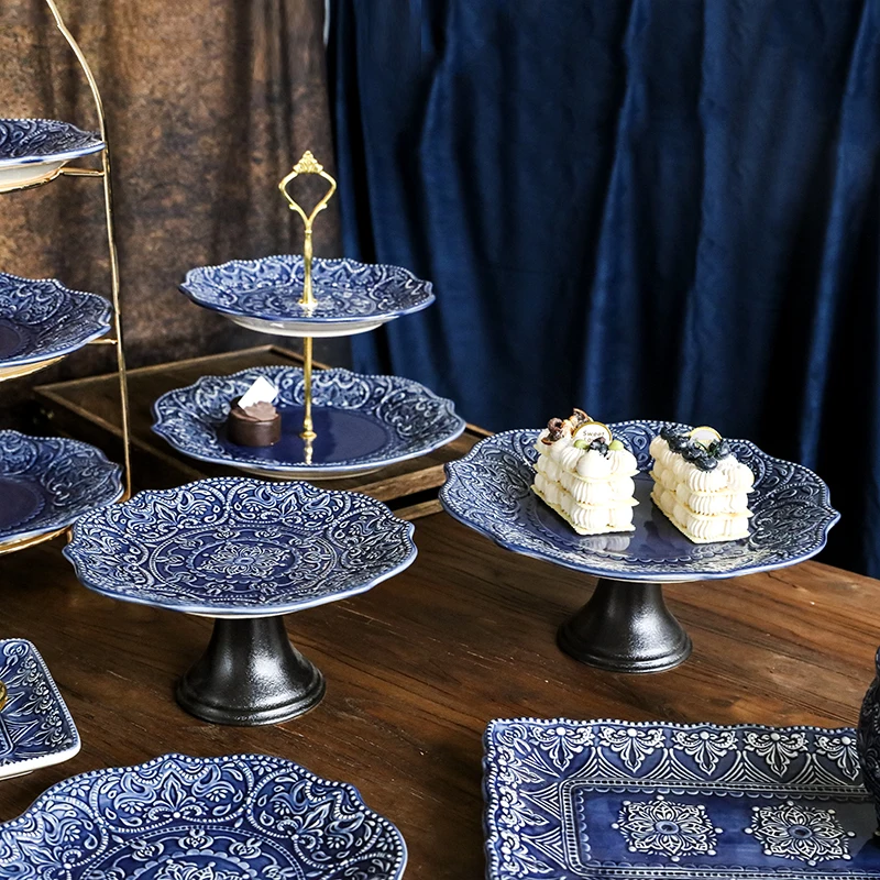 retro court dessert table display stand multi-layer ceramic snack tray double-layer cake stand fruit tray cold meal coffee b