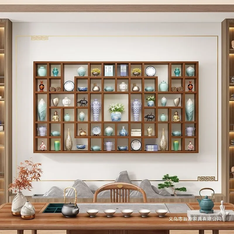 Solid wood lattice frame Wall shelf Wall hanging storage cabinet Teapot teacup display stand Duobao Pavilion Bogu frame