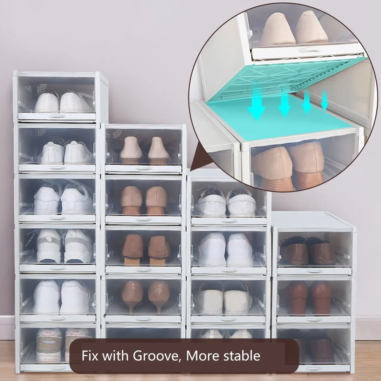 Clear Plastic Shoe Storage Boxes, Stackable Shoe Organizer for Closet, Pull Out drawer Design