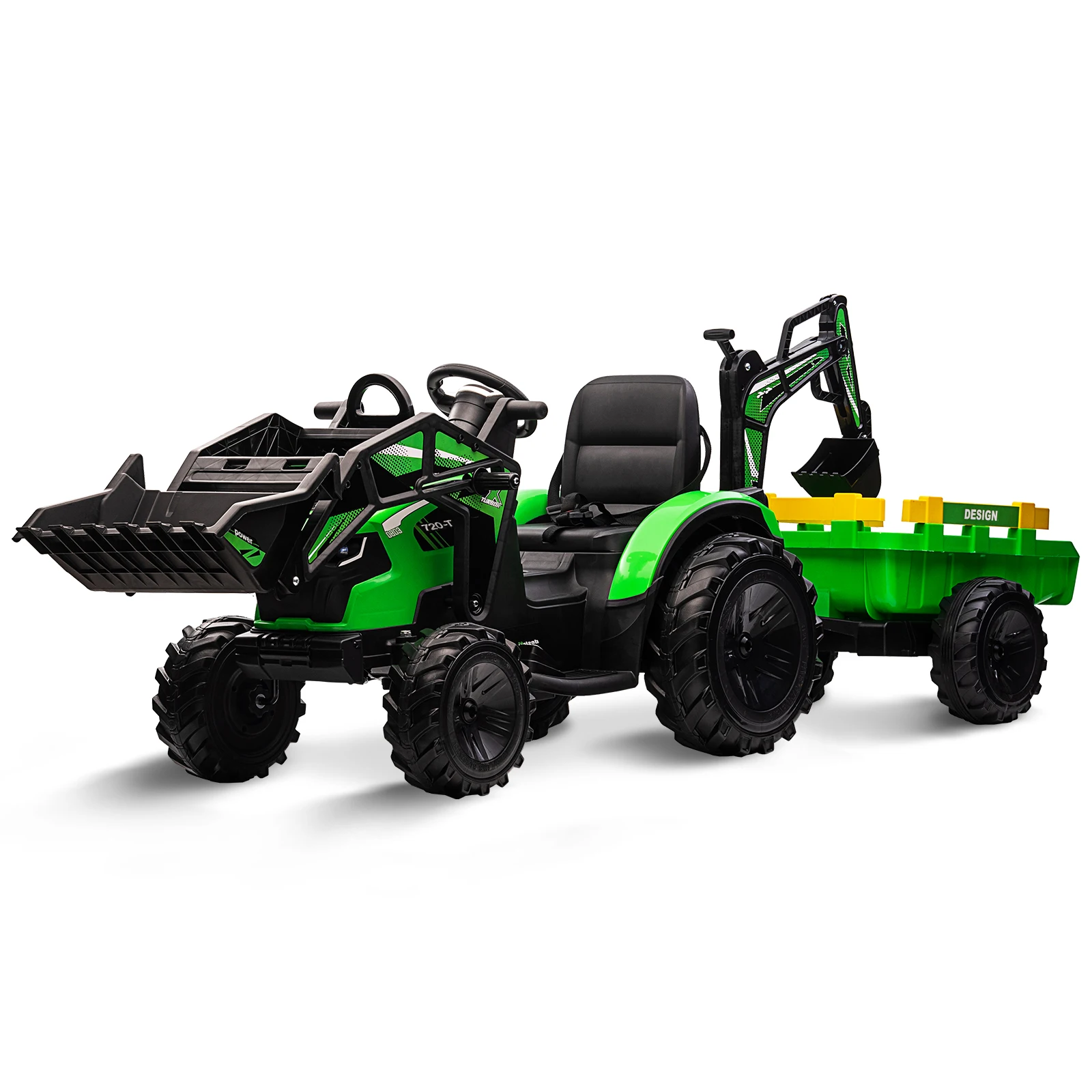 3 in 1 Ride on Tractor, Excavator & Bulldozer 24V Electric RC Vehicle Shovel Bucket, EVA Tires Lights Music Ride on Car