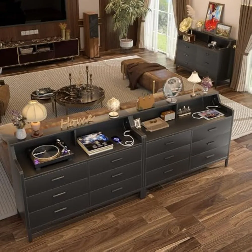 6 Drawer Dresser for Bedroom, Wooden Chest of Drawers with Power Outlets and Smart LED Light