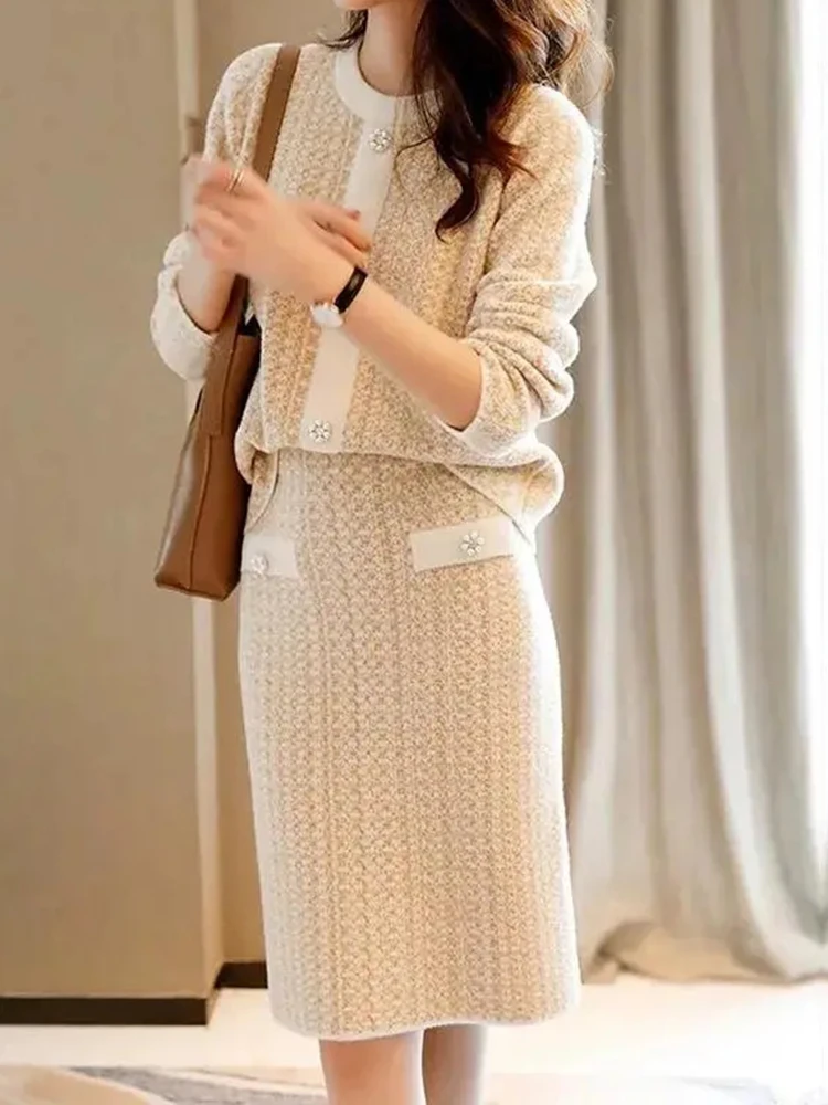 Chic Knitwear Skirts Suits Korean Elegant Women Ol Cardigan Jackte 2 Piece Set Fashion Knee-length Straight Faldas Ensembles New