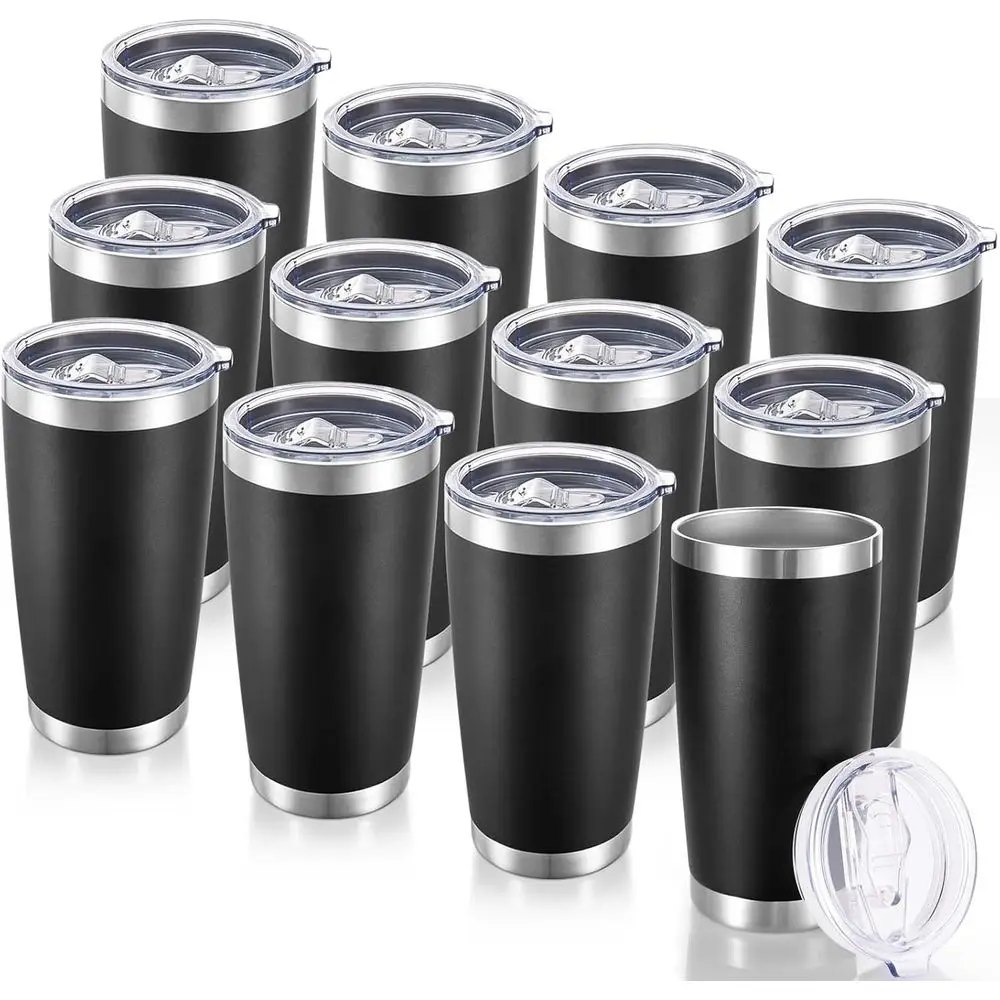 

Bulk 20oz Stainless Steel Double Wall Vacuum Insulated Tumblers with Lids for Hot & Cold Drinks, Black, 12-Pack
