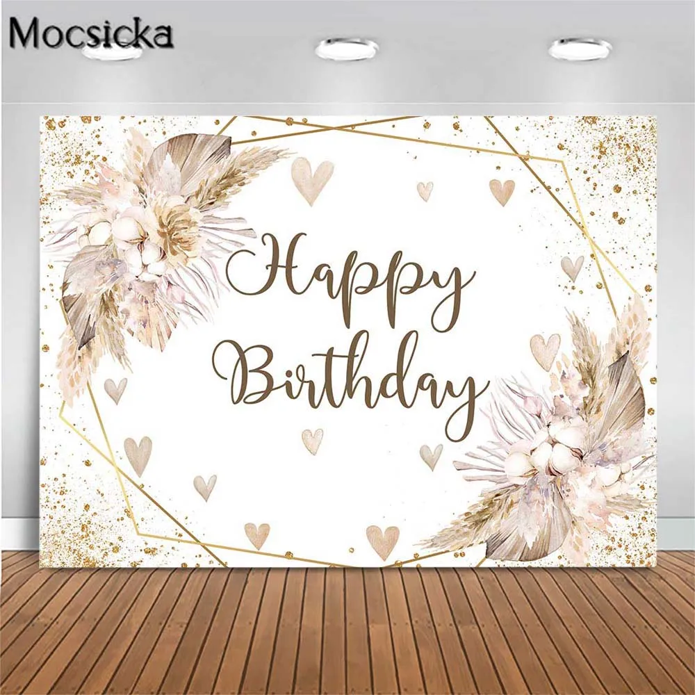 

Mocsicka Happy Birthday Photo Background Pampas Grass Boho Flowers Newborn Birthday Baby Shower Backdrop Photography Party Decor