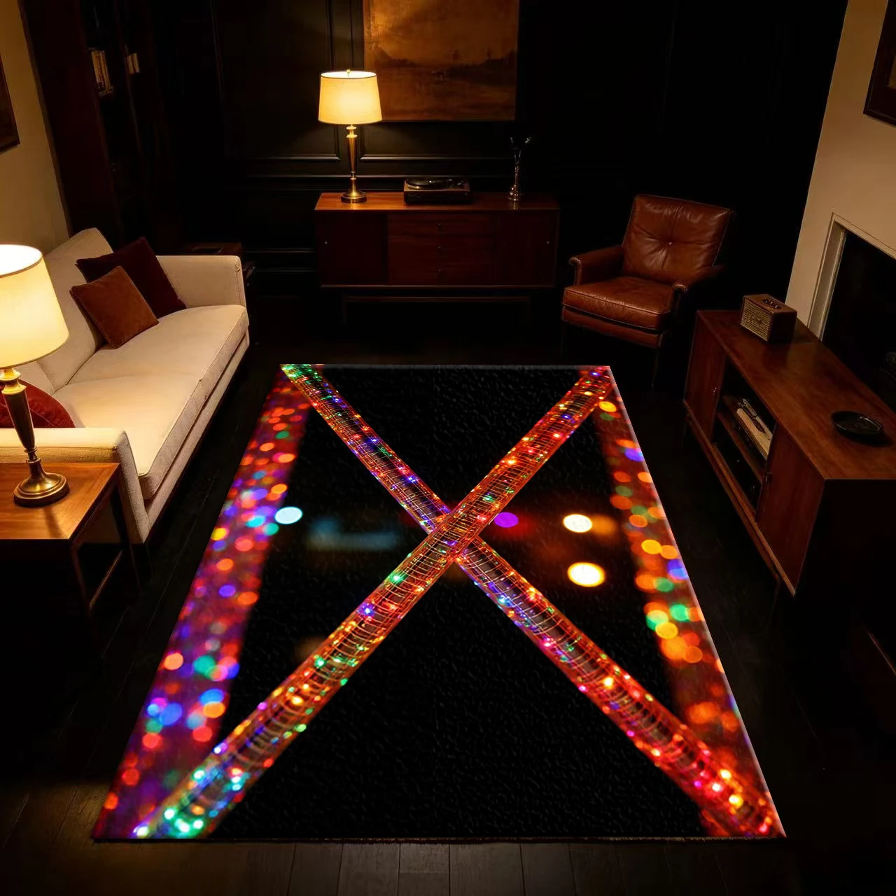 Colorful Cross LED Light Tube Carpet Flooring Anti-Slip Festive Neon Bokeh Floor Rug For Party Room Game Room Home Decoration