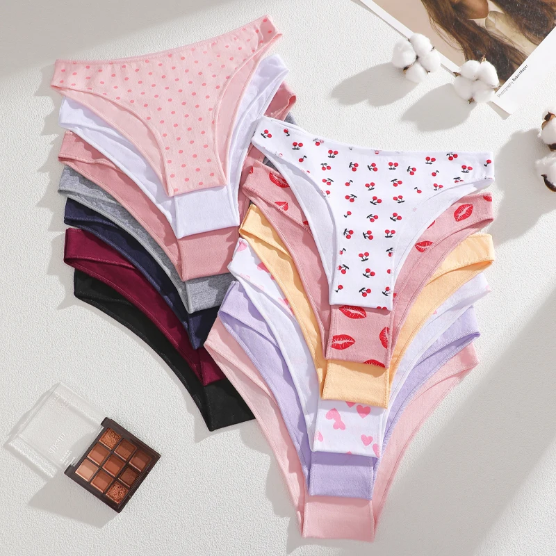 5Pcs/Set Seamless Cotton Cherry Lips Printing Panties Women Sexy Low Waist Cotton Crotch Spring Autumn Underwear Ladies Lingerie