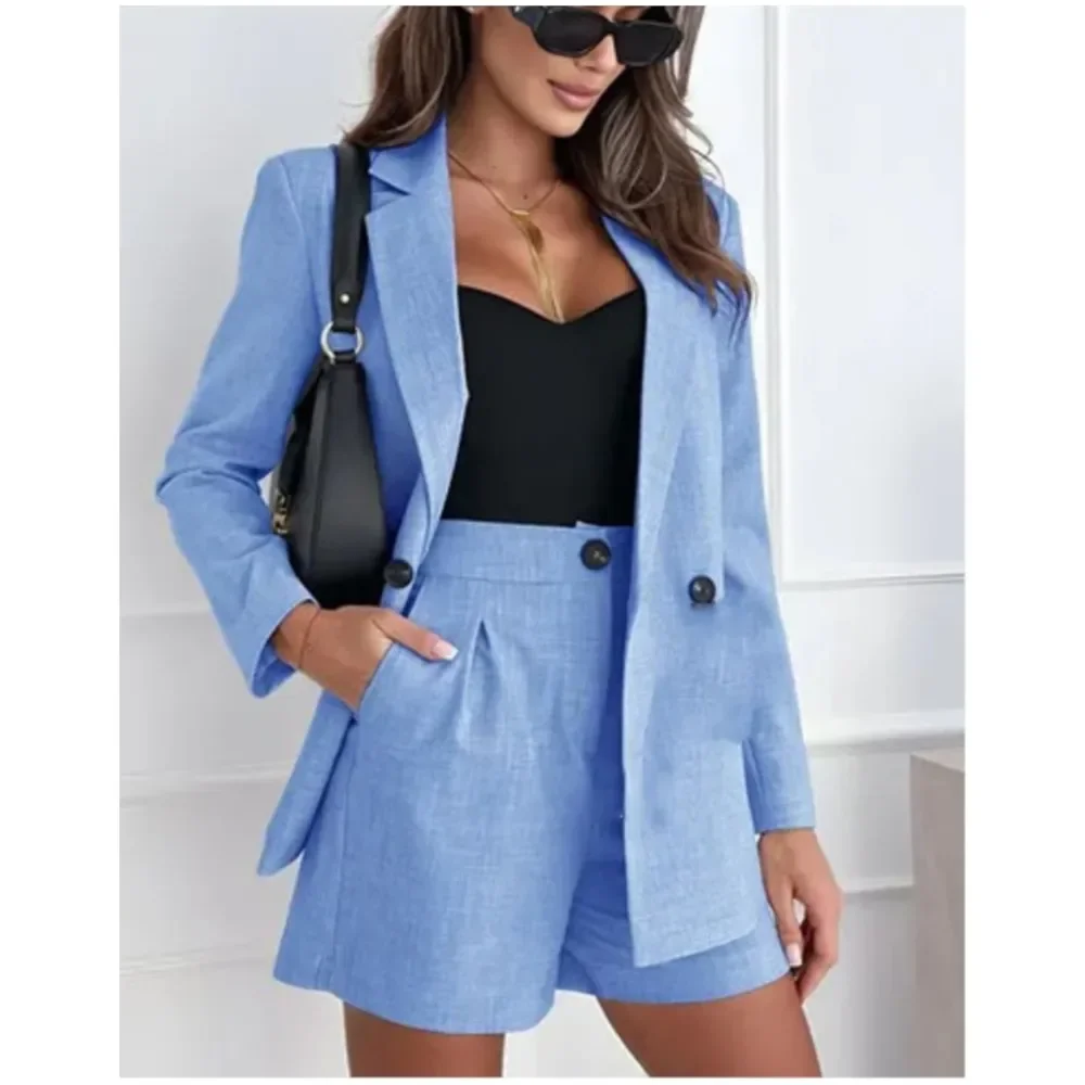 

Модный льняной костюм с длинными рукавами, шорты, женский костюм, весенний повседневный костюм с карманами, простой темпераментный женский костюм, шорты, офисный комплект из 2 предметов