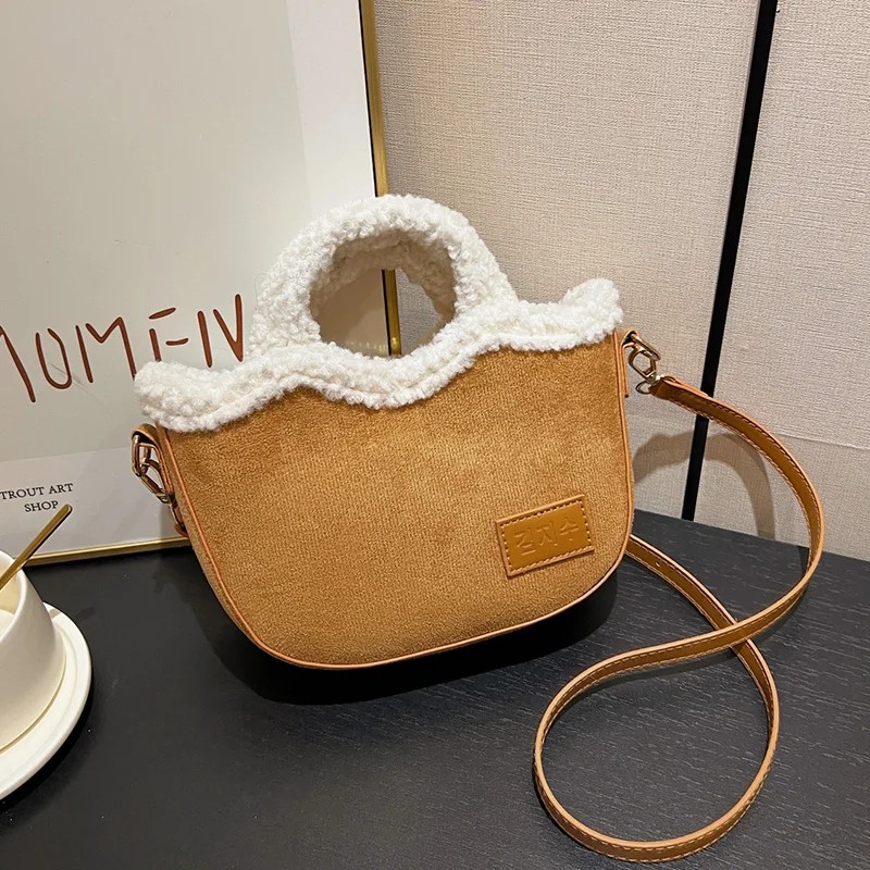 Retro Suede Leather Bag For Women Winter Fur Handbag Half Moon Shape Shoulder Crossbody Bag Lady Small Tote Lamb Woolen Handbag