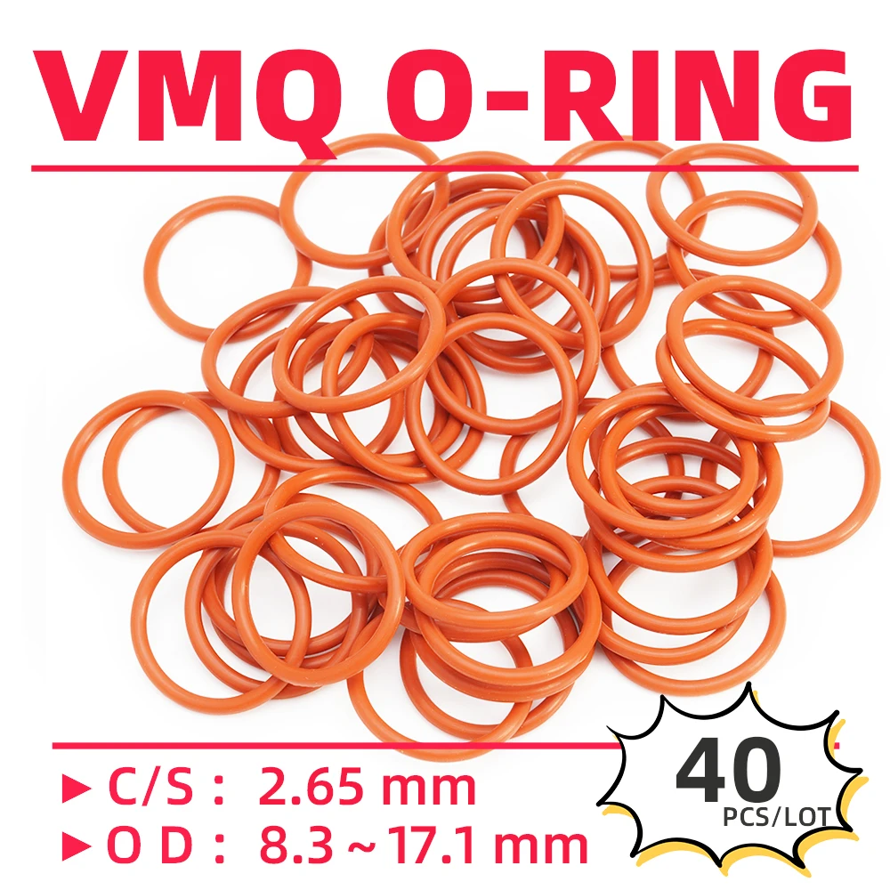 40PCS/Lot Rubber Red VMQ CS2.65 mm OD 8.3/9.3/10.3/10.6/10.8/11.1/11.3/12.2/12.4/12.8 mm O Ring Gasket Oil Resistant Waterproof