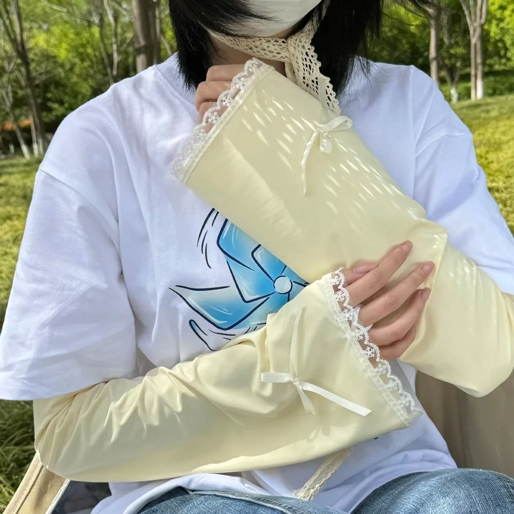 Cute Bow Ice Silk Arm Sleeves Solid Color UV Protection Sunscreen Arm Sleeves Lace Cuff Large Cycling Arm Cover Ladies