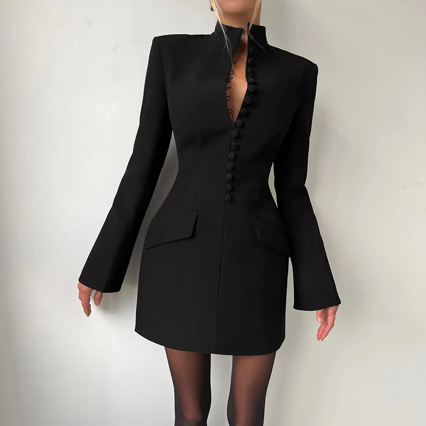 

2026 Slim-fitting Waist Long-sleeved Stand-up Collar Suit Skirt Woman