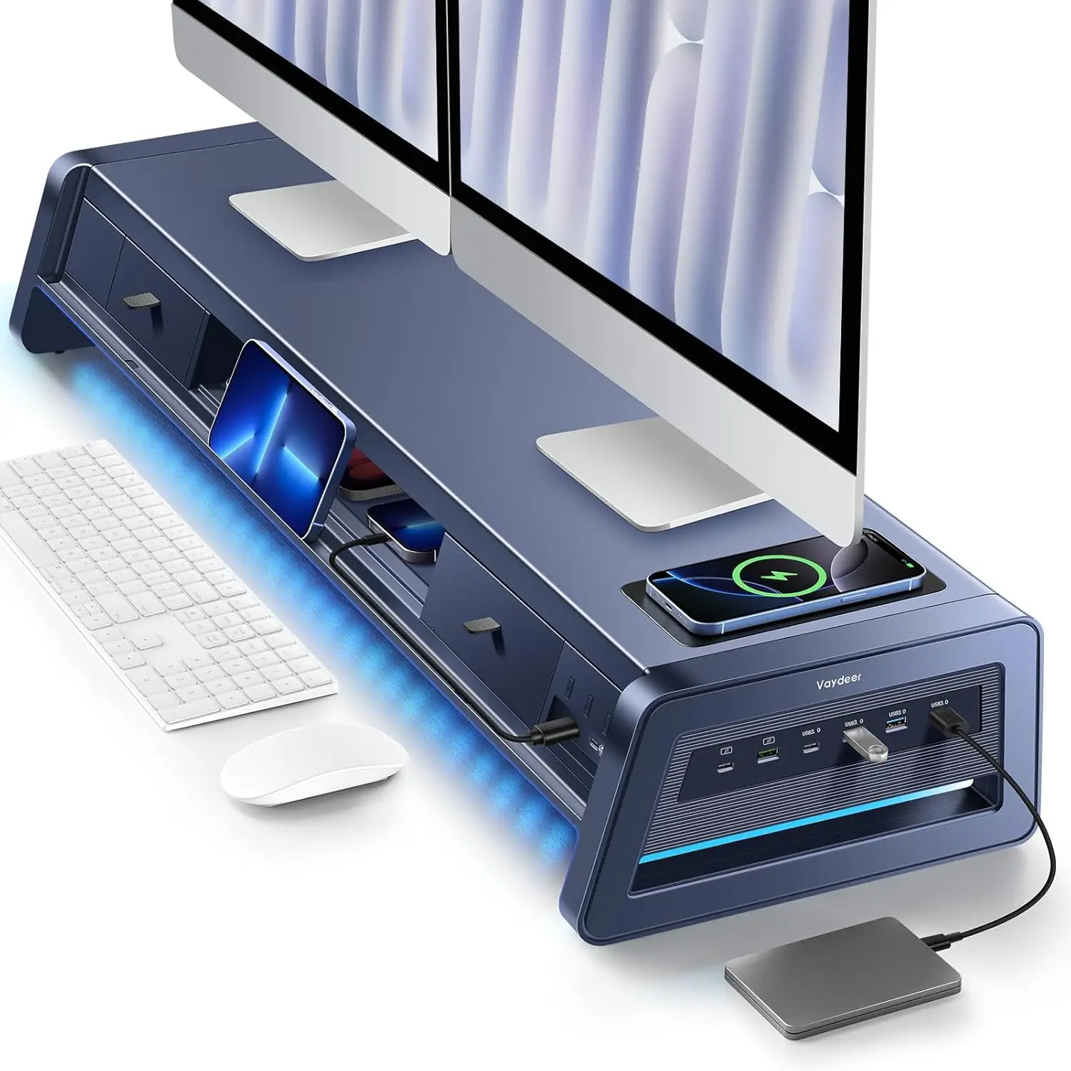 

Подставка для двух мониторов с 2 ящиками, 8 USB-портами, беспроводной зарядкой и светодиодной лентой для организации рабочего стола