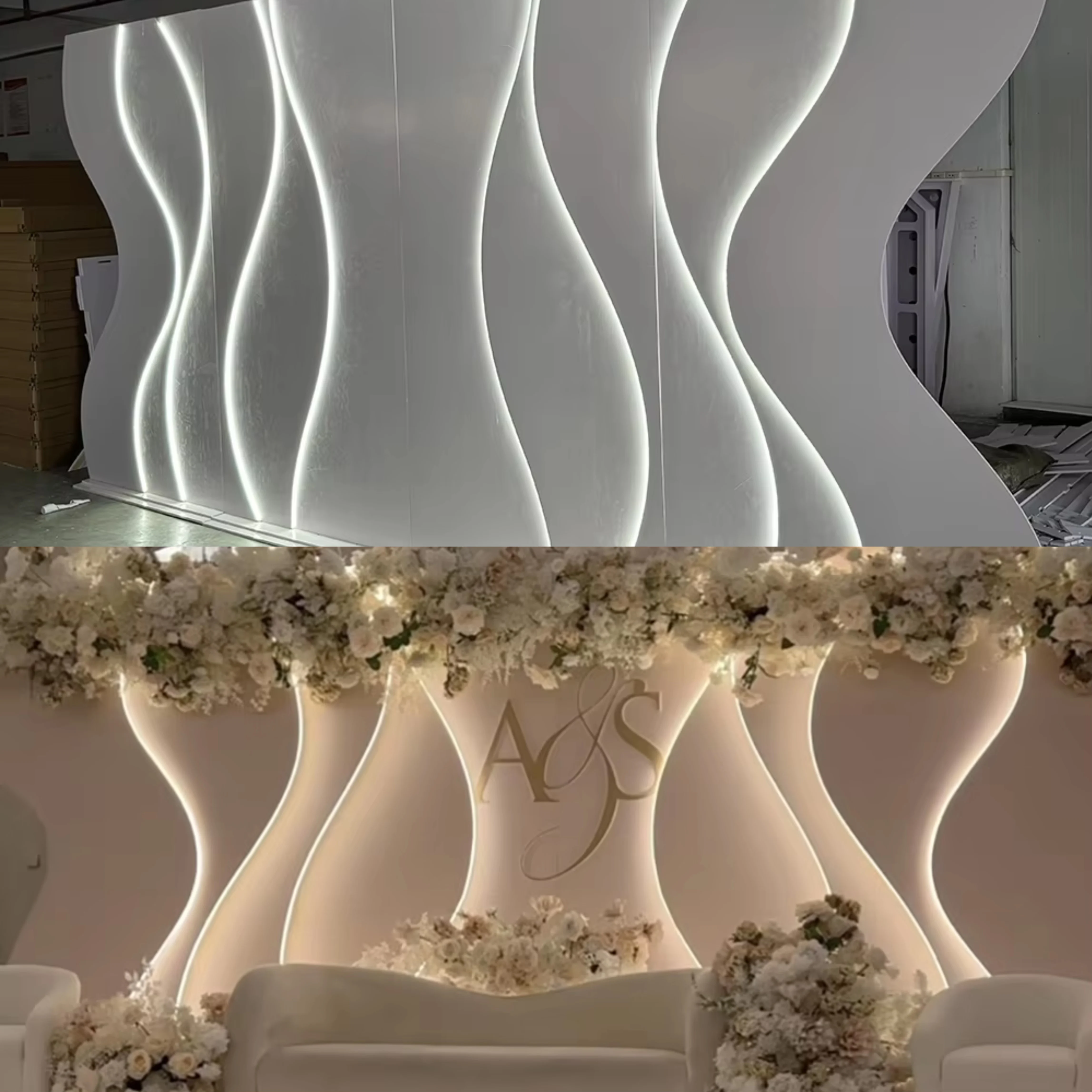 

Customized Carving Acrylic Wedding Wave Shape Stand Decorations Wedding RGB Backdrop With Flower