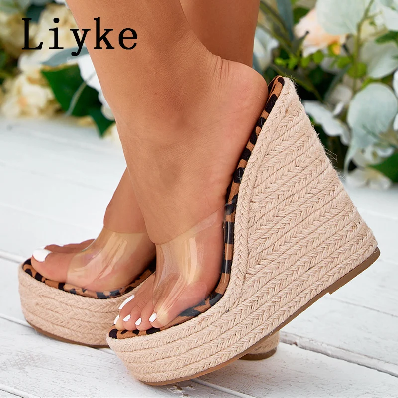 Liyke Summer Leopard Grain Peep Toe Wedges Slippers Women Platform High Heels Sandals Fashion Slip-On PVC Transparent Shoe Mules