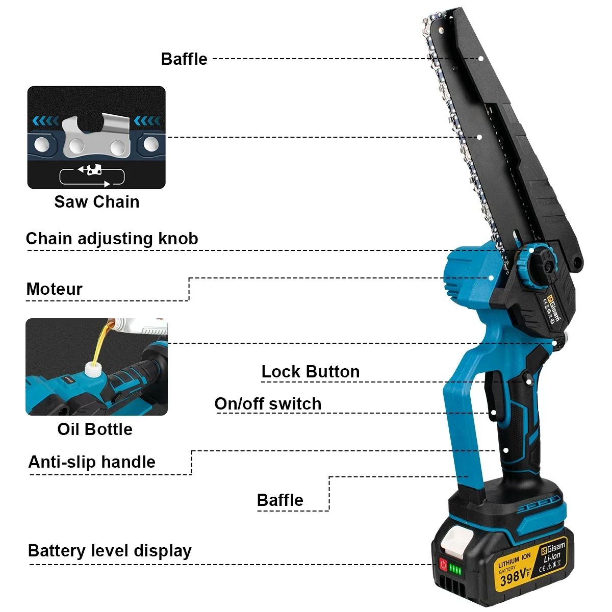 Gisam 8 Inch Brushless Electric Chainsaw Cordless Portable Electric Saw With Oiler Woodworking Power Tool For Makita 18V Battery