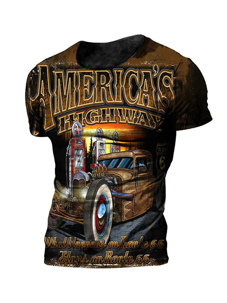 خمر 66 الطريق تي شيرت للرجال ثلاثية الأبعاد مطبوعة السائق موتور الرجال تي شيرت المتضخم تي شيرت الطريق 66 سباق قصيرة الأكمام Camiseta #6