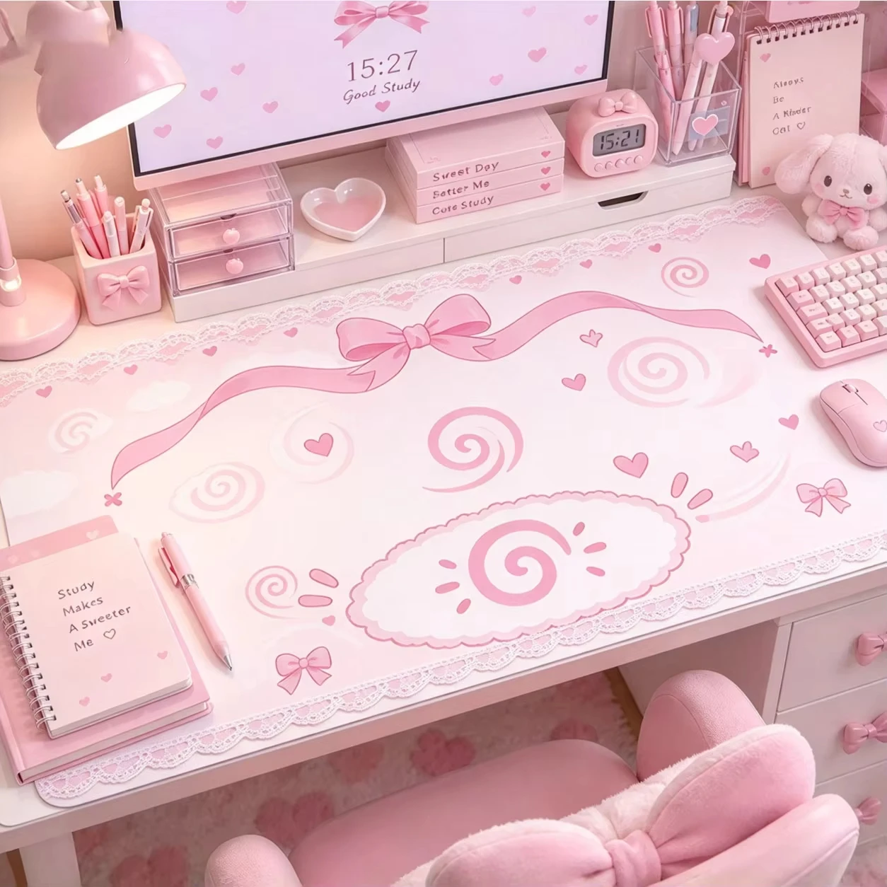 PU Leather Mouse Pad Anime Pink Girl Love Heart Fish Cake Lace Mouse Pad Office Desk Mat Waterproof Non-Slip PU Desk Blotter Pad