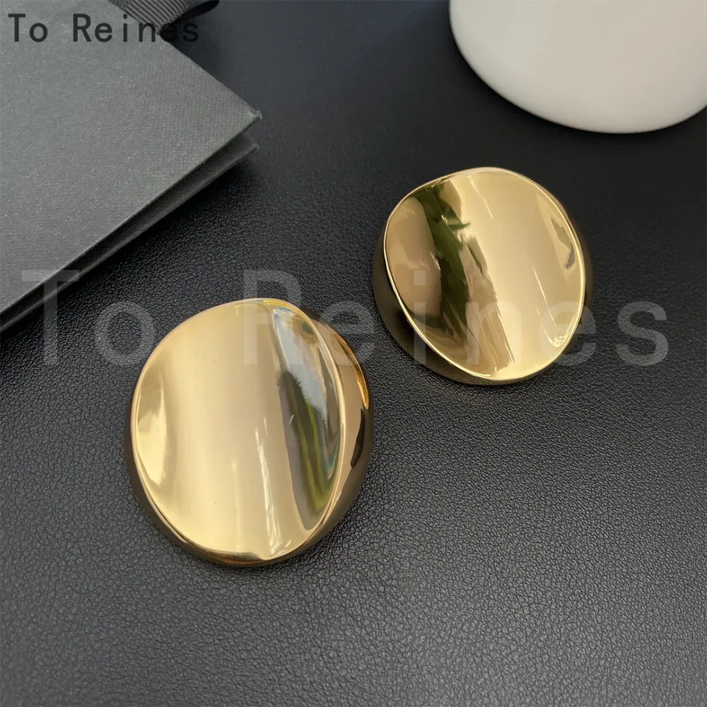 To Reines Personality Exaggerate Oval Glossy Gold Color Metal Earrings For Women Girl Trendy Simple Style Ear Stud Jewelry Gift