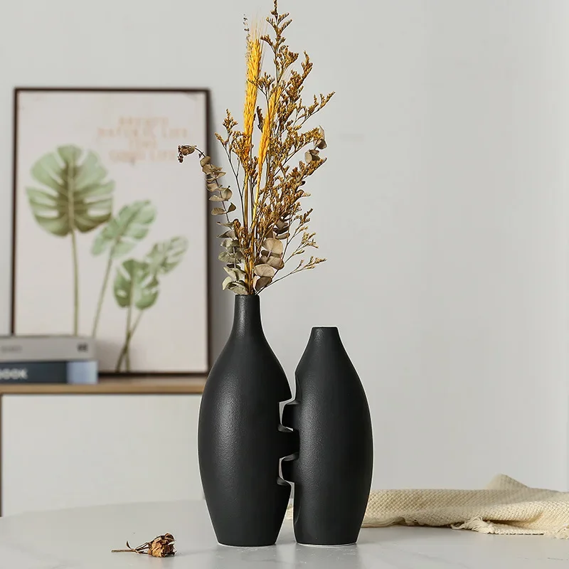 Black Ceramic Vase Cross Laminated Splice Two-piece Set Flower Vase Floral Arrangement Accessories Home Decoration Terrarium