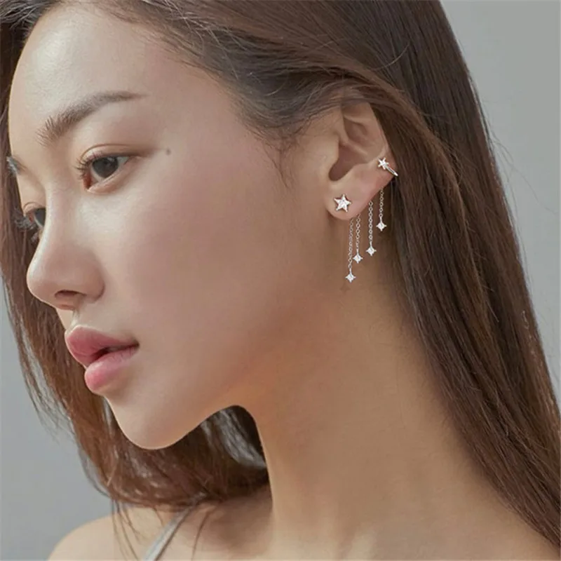 Fashion Asymmetric Shining Tassel Long Chain Zircon Star Drop Earring For Women Girls Wedding Jewelry Gift eh381