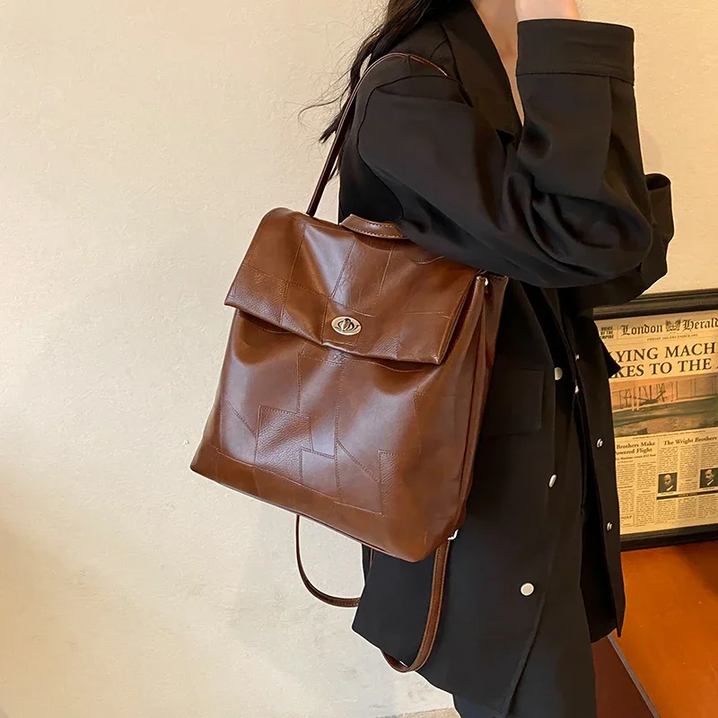 LEFTSIDE Women Retro Design Small Splicing Leather Backpacks 2024 Y2K Korean Fashion Solid Color Backpack Lady Travel Back Packs