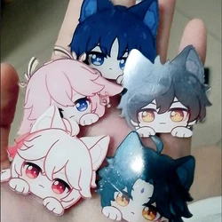 Game Impact Baizhu Scaramouche Rabbit Ears Acrylic Brooch Key Ring Kids Keyring Boy Girls Pin Game Badge Bag Keychain Jewelry