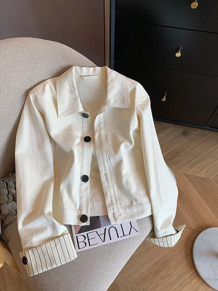 

Уникальная повседневная джинсовая куртка с полосатым воротником для женщин, весна-осень, классический укороченный топ, свободный крой, однотонная, для повседневной носки