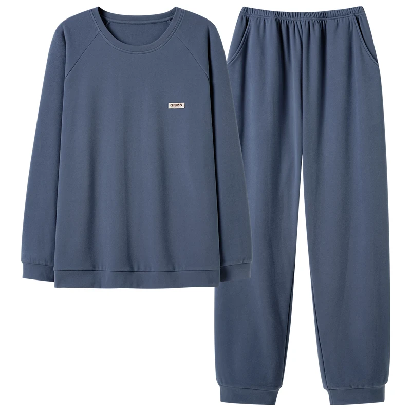 Men O-Neck Pullover Pajamas Set Thin Velvet Male Long-sleeved Autumn Winter Pyjama Loose Men Home Set Solid Sleepwear Tops+Pants