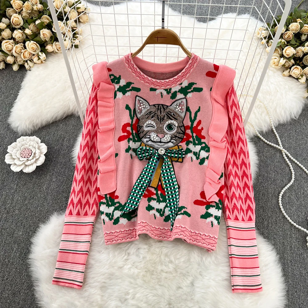 Spring Fashion Embroidered Cat Sweater Woman Clothing 2025 Sweet Bowknot Ruffles Splicing Knitted Stretchy Casual Pullover Tops