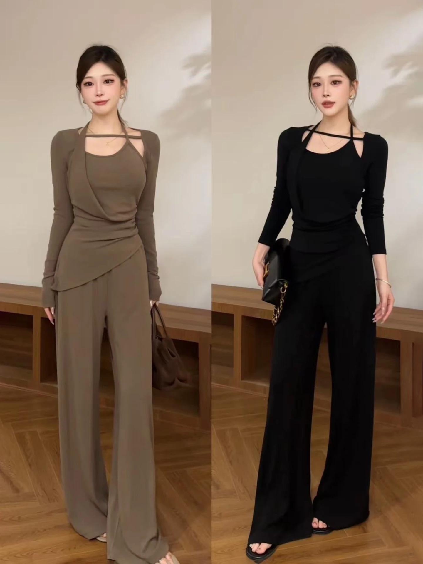 Yuyan Early Autumn Design Sense Long Sleeve Neck Hanging Wide Leg Casual Pants Set Draping Sensation Two-Piece Women's Fashion