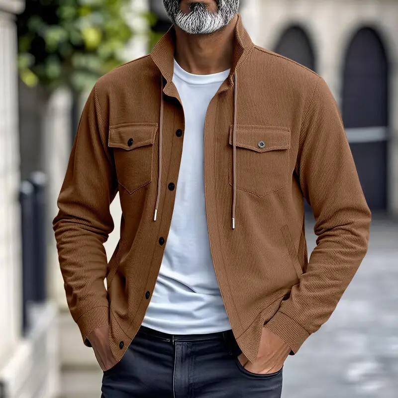 سترة سروال قصير أمريكي للخريف جديدة بسيطة ومتعددة الاستخدامات ومتعددة الجيوب وأكمام طويلة وياقة واقفة