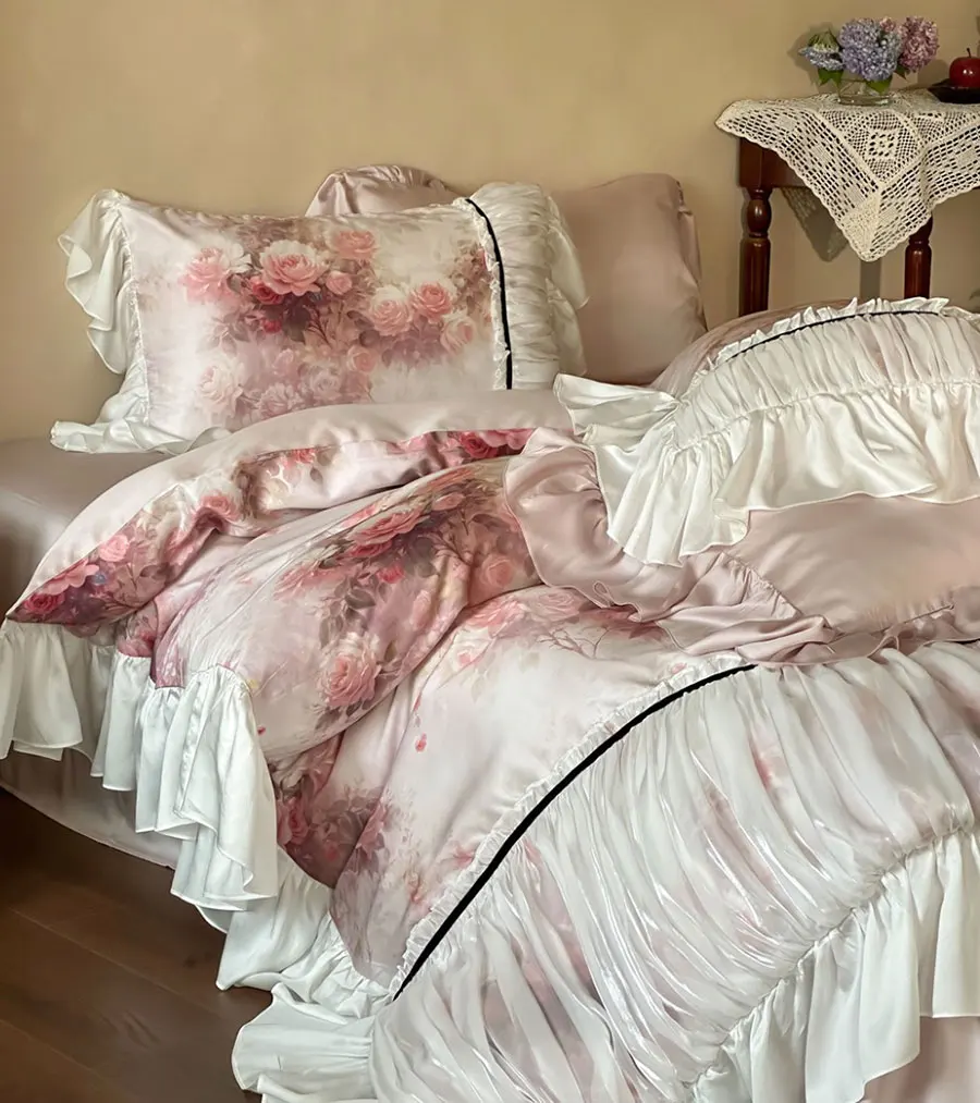 French elegant rustic floral green pink beding set,full queen king vintage ruffle home textile bed sheet pillow case duvet cover