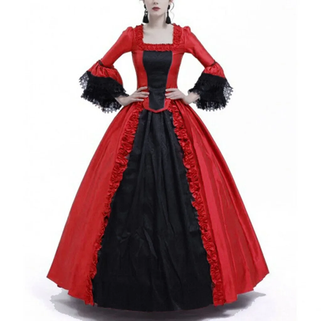 Halloween Women Victorian Medieval Queen Cosplay Costume Vintage Party Carnival Red Gothic Lace Up Long Court Princess Dress