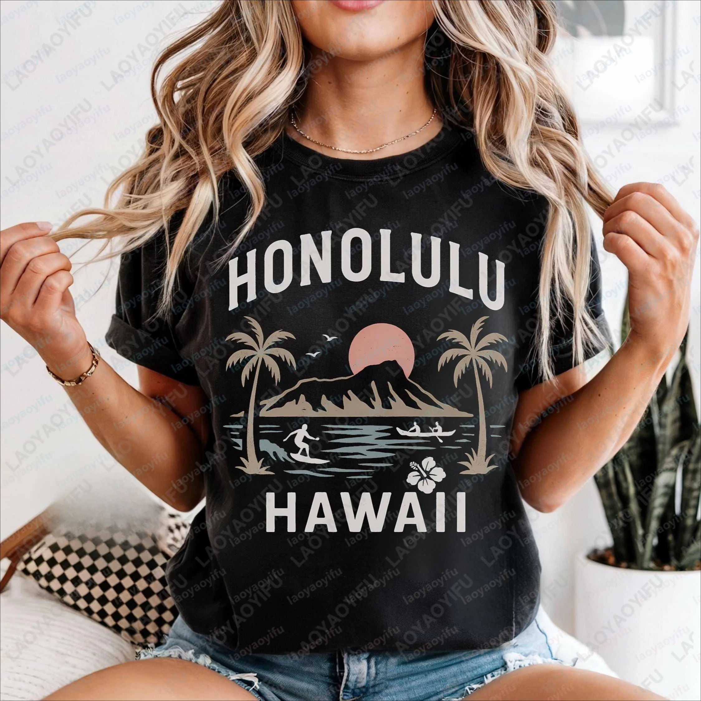 Vintage Honolulu Hawaii Island Souvenir T-shirt Retro Beach Vacation Clothing Casual Fashion Loose Harajuku Man Women Tees