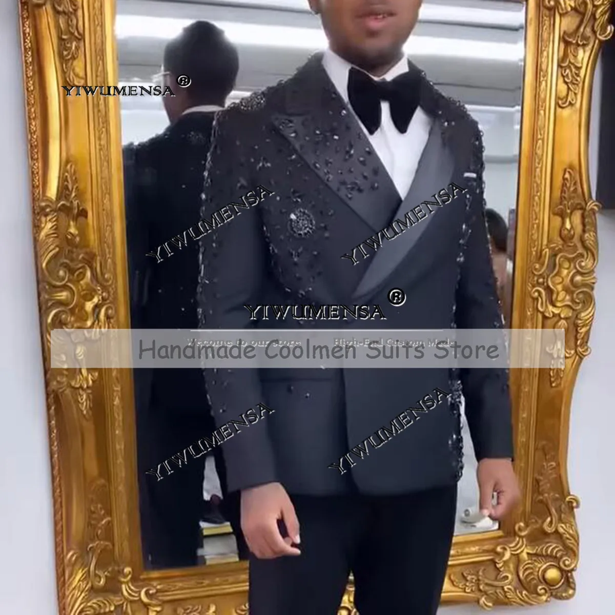 

Man Wedding Groom Tuxedos Customized Double Breasted Jacket Pants 2 Pieces Suits Men Slim Diamond Beaded Stoned Blazers Outfits