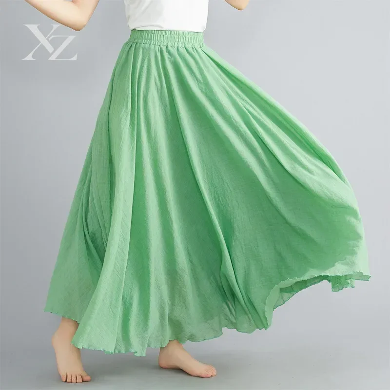 Women Long A-line Skirt Solid Color Cotton Linen Dress Elastic Waist Mori Girl Literary Ethnic Style 28-Color Expansion Skirt