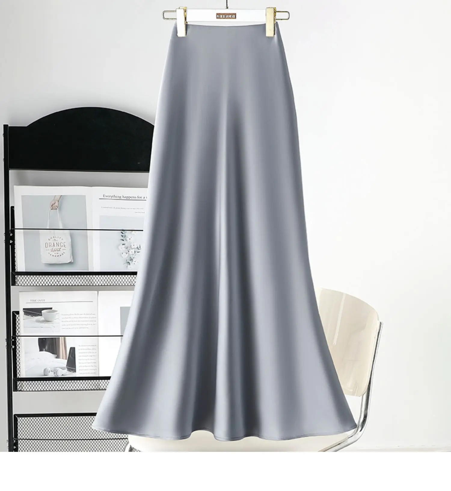 

Women's Mid Length Satin Silk Smooth Skirt, New Wrapped Hip, Fish Tail, A-line, Long, Silk, Slimming, Spring, Summer, 2024