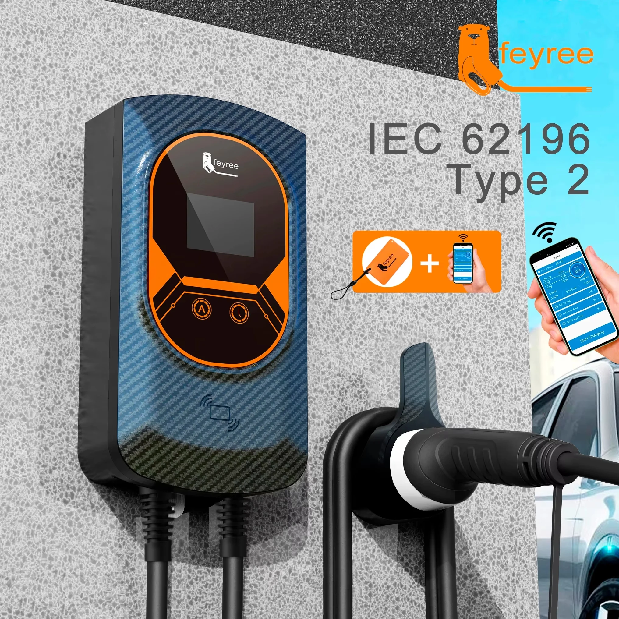 Portable EV Charger Type2 32A 7.6KW Fast Charging For Electric Vehicle APP Wi-Fi Control By Setting Current & Charging Time