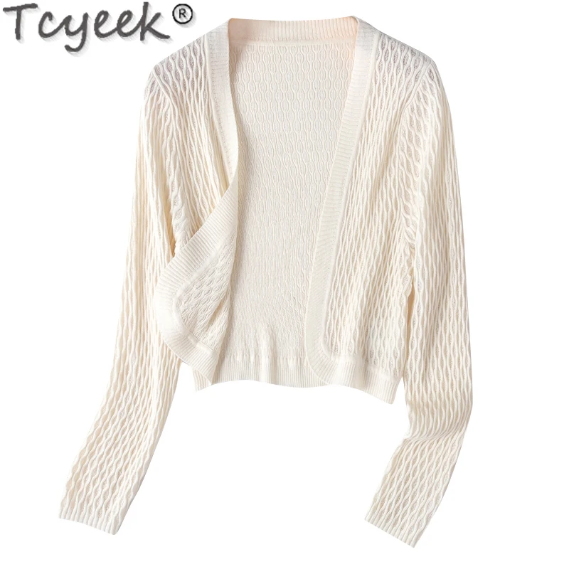 Tcyeek 55% Mulberry Silk+45% Cotton Top Women\'s Long Sleeve Tops Short Style Spring Summer Clothes Women Knitted Cardigan 2024