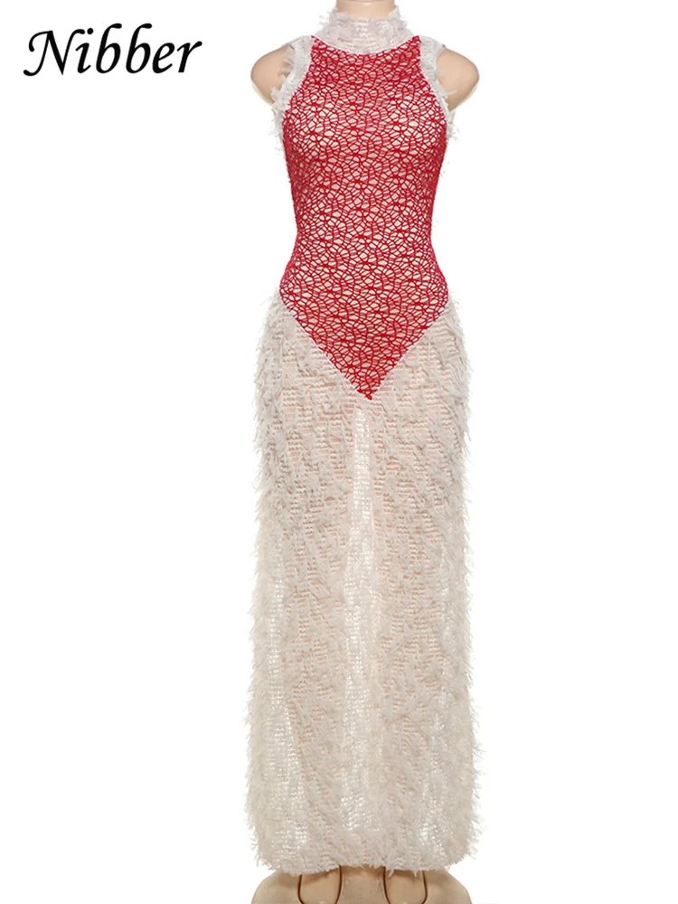 Nibber vestido sexy sem costas para mulheres, chic, com borlas curtas, sem mangas, contraste, moda, festa de aniversário, maxi, bodycon