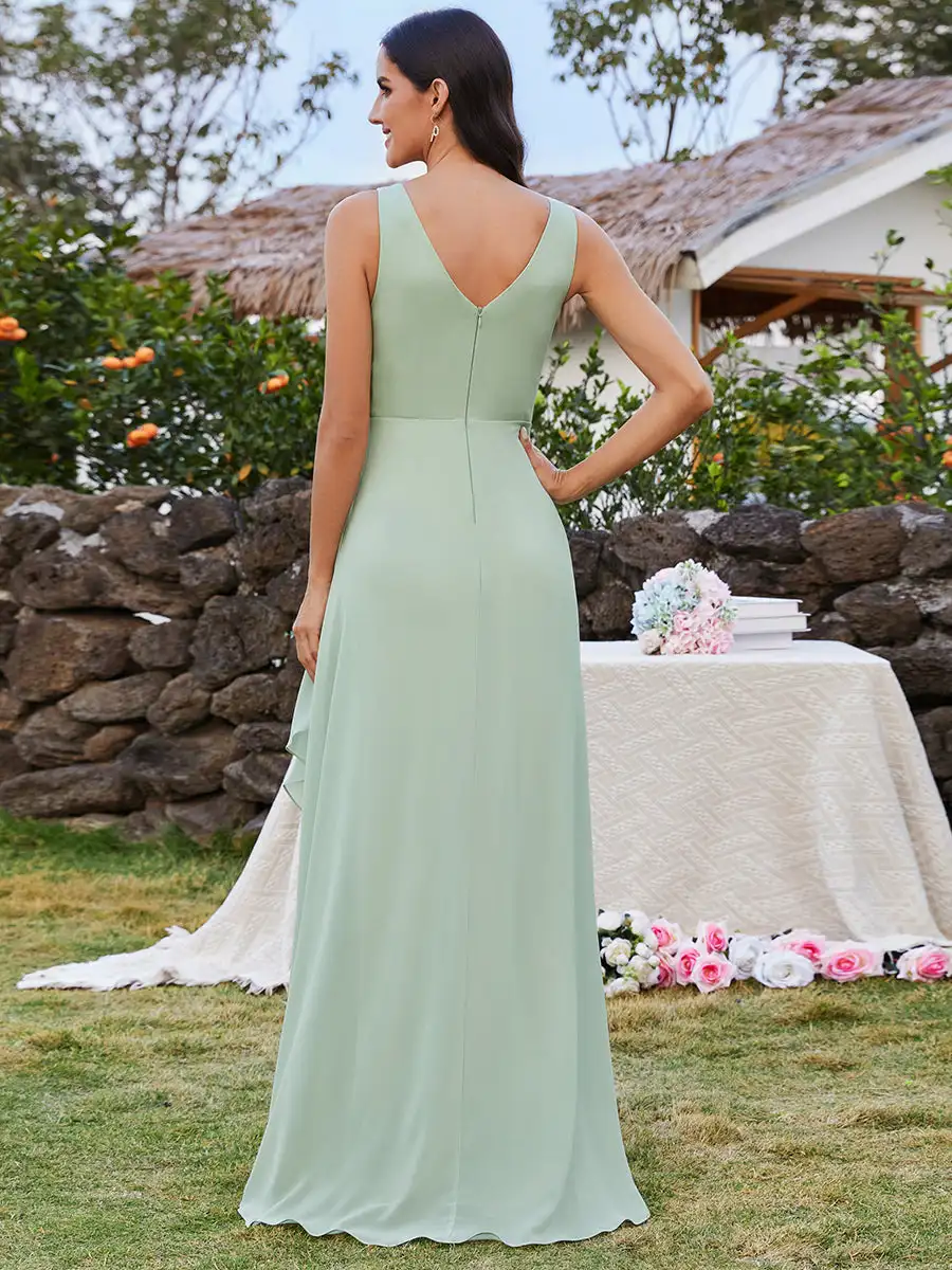 Elegant Evening Dresses V-neck Sleeveless Asymmetrical Ruffles Hem 2024 Ever Pretty of Chiffon Mint Green Bridesmaid dress