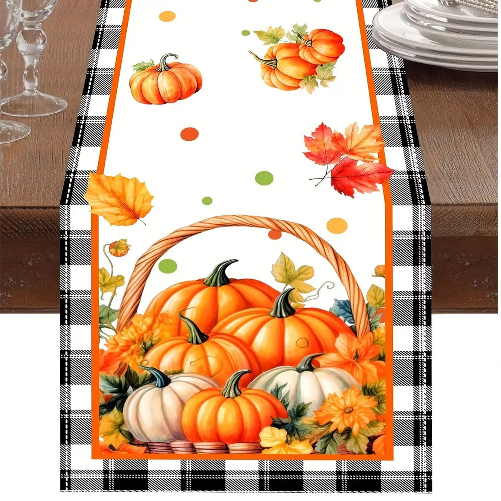 Linen Table Runner Orange Ivory Pumpkins with Autumn Daisies on Off White  Fall Harvest