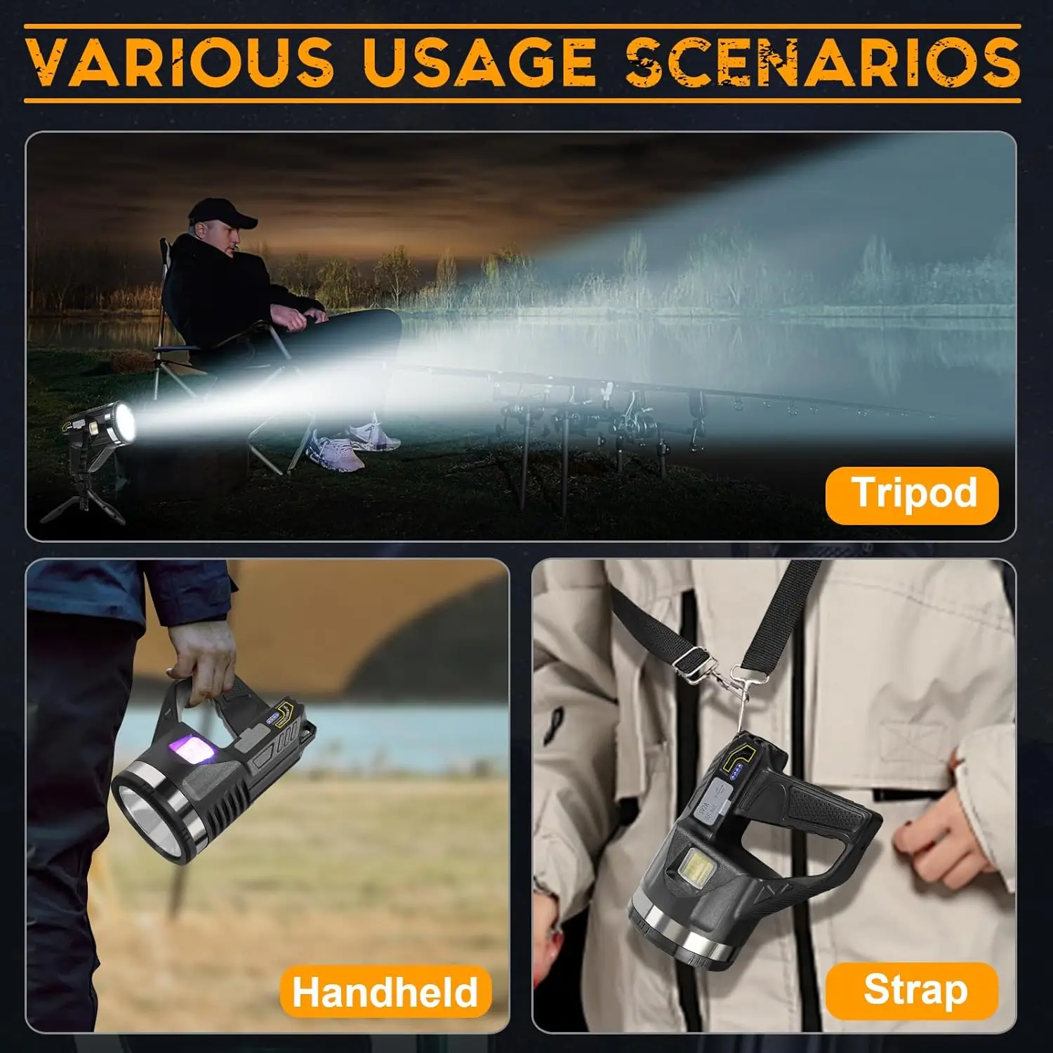 Portable Camping Flashlight with Strap Tripod USB Rechargeable LED+COB Spotlight Outdoor Powerbank Torch Waterproof Work Lantern