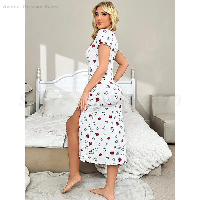 Summer Female Printed Nightgown Loose Casual Home Dressing Gown Sexy Slit Nightdress Lingerie Short Sleeved Sleepwear Nightie 5
