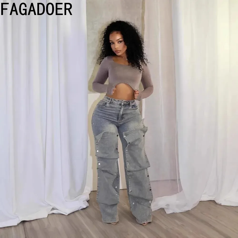 FAGADOER Retro Straight Denim Pants Women Detachable Buttons Patchwork Fashion Jeans Trousers Y2K Streetwear Bottoms Autumn New