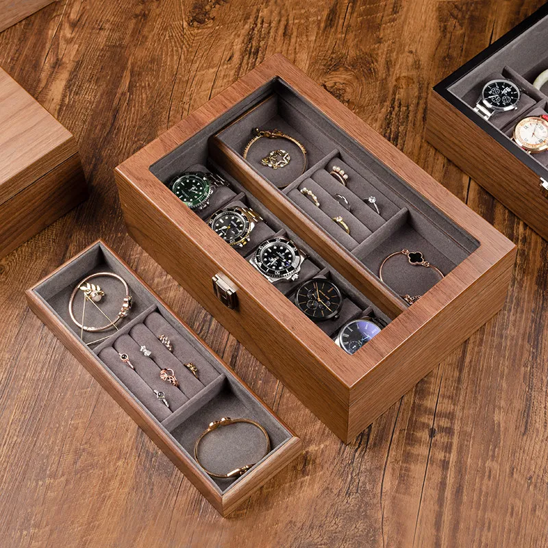 Black Walnut Dual-layer Jewelry Watch Box, large capacity for rings, cufflinks, necklaces, bracelets and assorted daily ornament