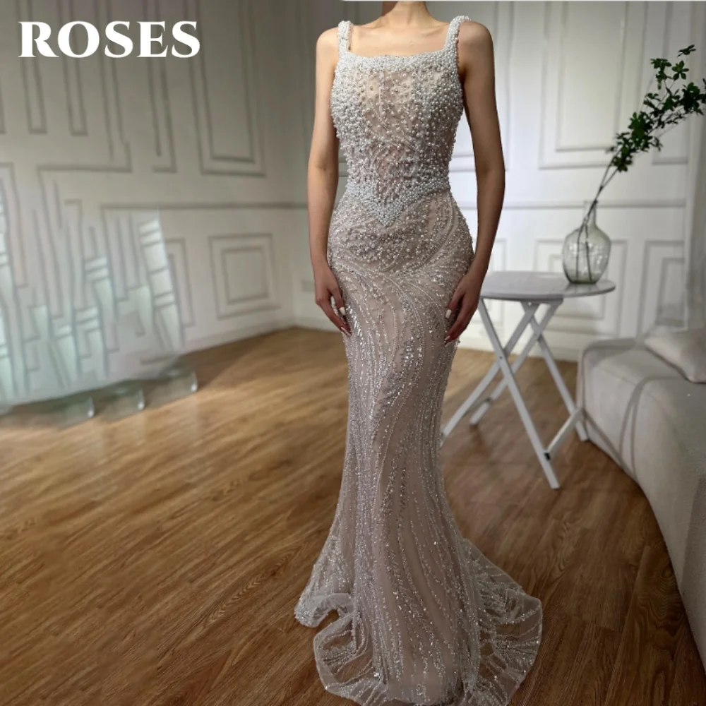 

ROSES Champagne Elegant Evening Gown Square Pearl Shoulder Strap Prom Dress Gorgeous Lace Mermaid Evening Dresses Customized