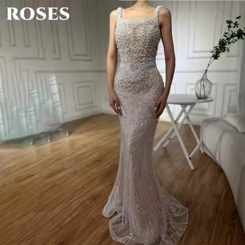 ROSES Champagne Elegant Evening Gown Square Pearl Shoulder Strap Prom Dress Gorgeous Lace Mermaid Evening Dresses Customized