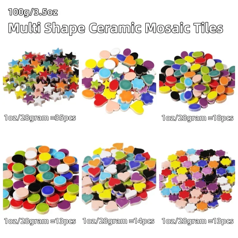 100g/3.5oz Multi Shape Ceramic Mosaic Tiles Colorful Polygon Porcelain Tile Star/Heart/Round/Oval/Flower DIY Making Stones