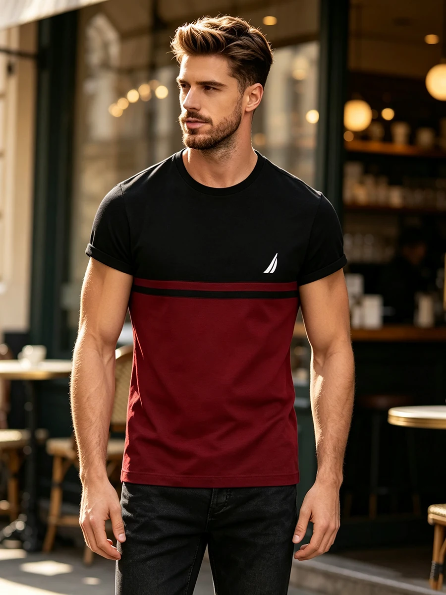 Men's Contrasting Short Sleeved t-Shirt With Black And Red Stitching Round Neck Casual Top, European And American Youth Versatil